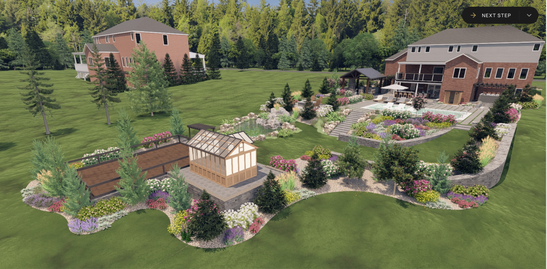 Professional 3D rendering of a backyard landscape design featuring gardens, greenhouse, pool, and hardscape