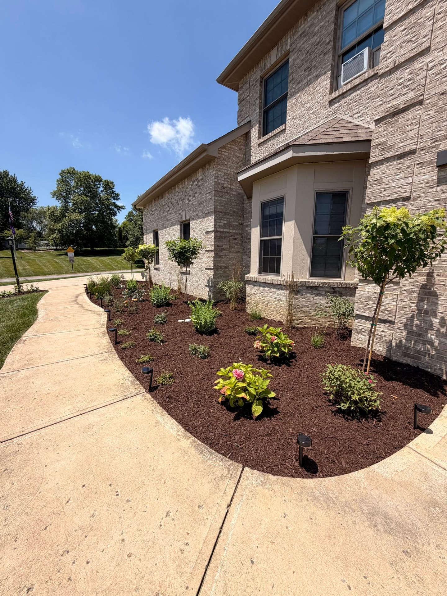 New planting beds with shrubs, ornamental trees, and perennials beside a home's curved front walkway