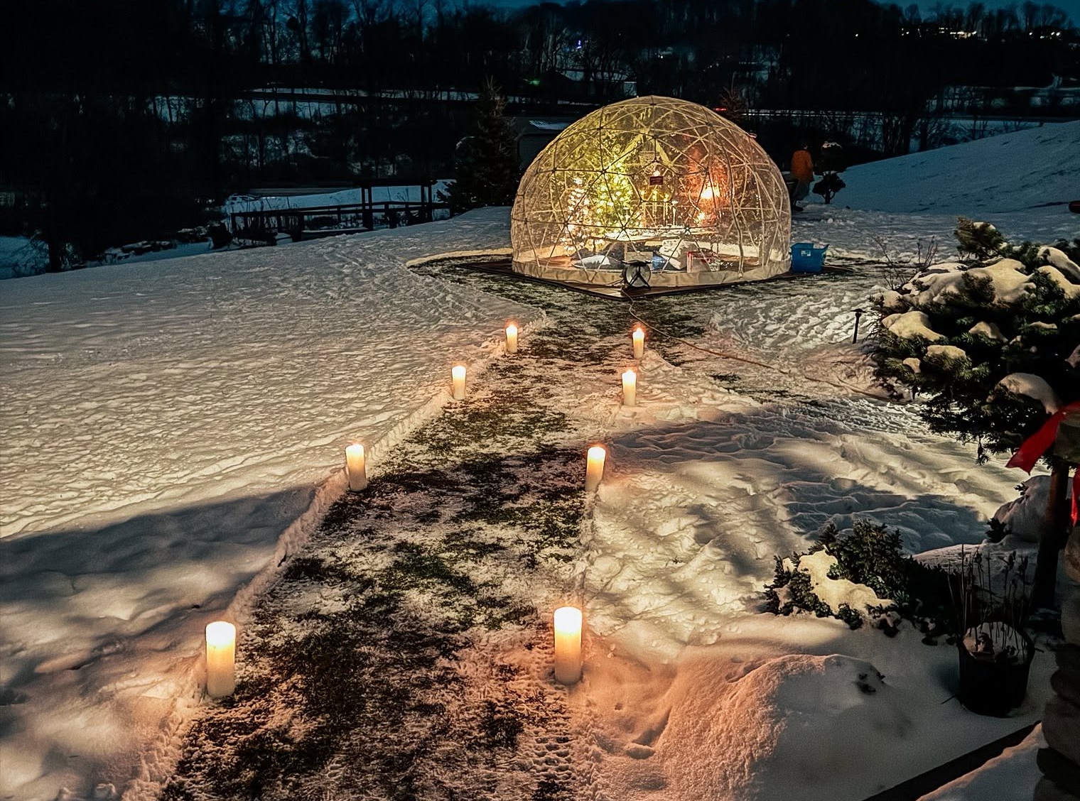 Luxury furnished dinner party igloo at twilight