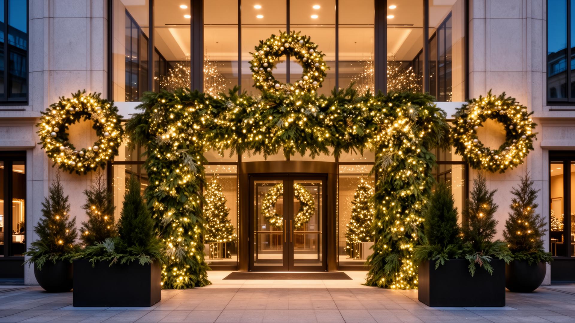 Upscale commercial entrance with holiday garlands and wreaths