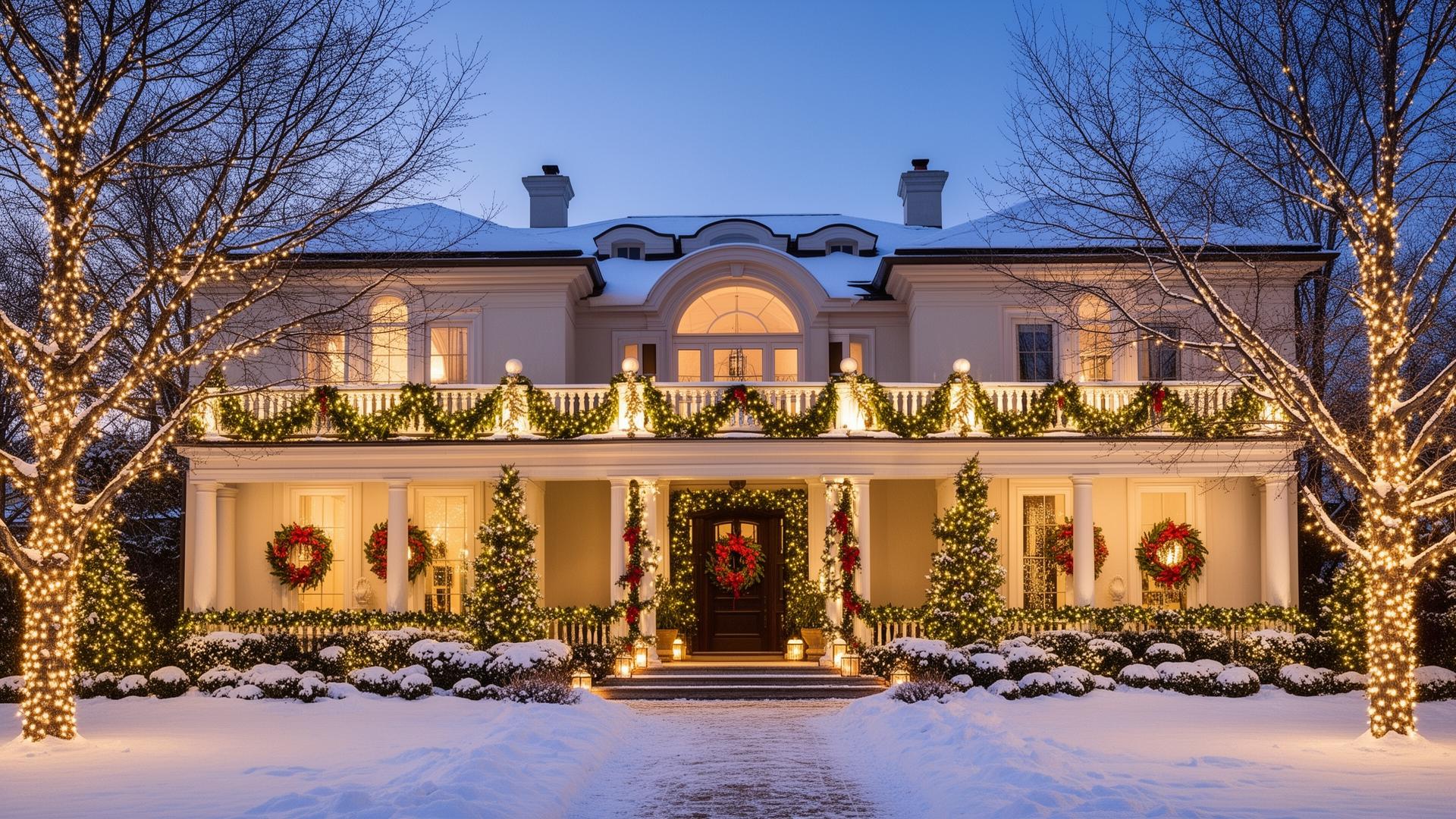 Luxury residential home with elegant holiday decorating at dusk
